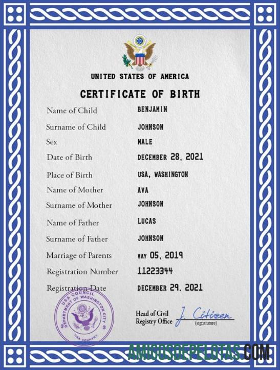 Imprimível modelo PSD de certidão de nascimento de registro vital dos EUA